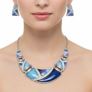 Womens Blue Silver Tone Pendant Necklace Earring Set